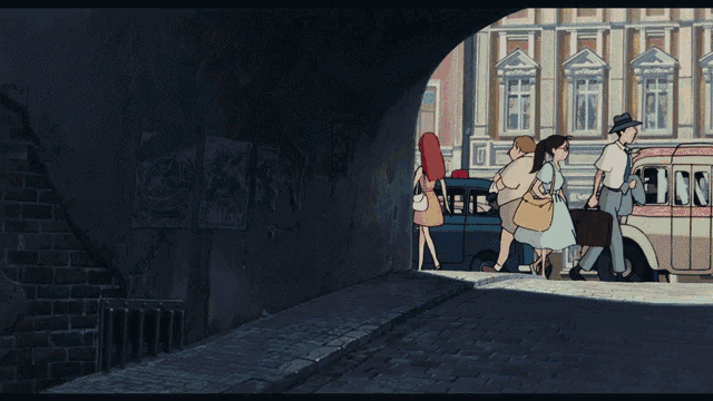 a cartoon of a woman walking down a street with a broom