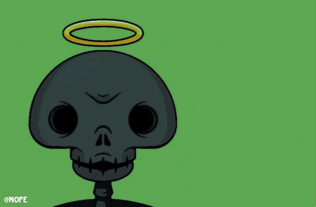 a cartoon of a skeleton with a halo and the words sheeeeeeesh below it
