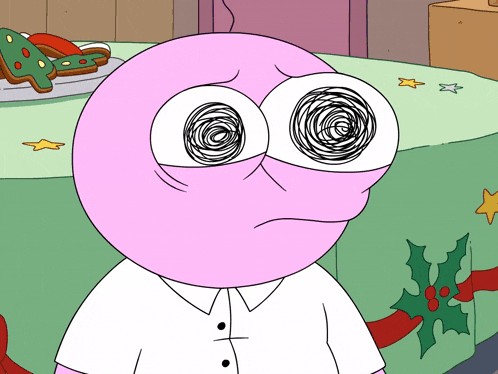 a pink cartoon character with a swirling eye
