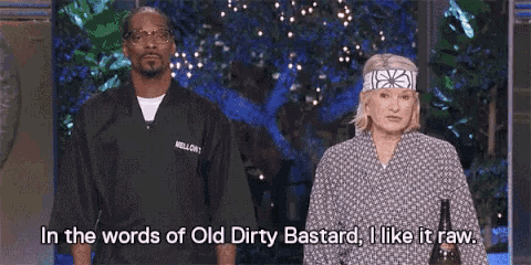 a man and a woman are standing next to each other and the man says in the words of old dirty bastard