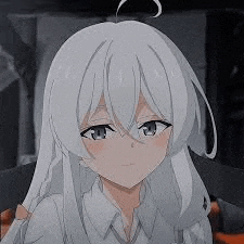 a close up of a white haired anime girl with a ponytail .
