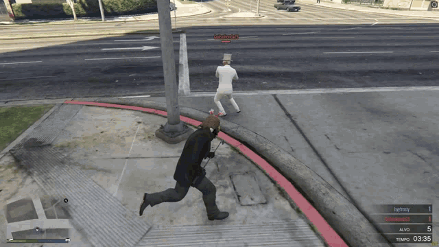 a screenshot of a video game shows a man running from a man in a white suit