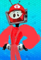 a cartoon character with a tv head and a red hat is standing on a blue background .