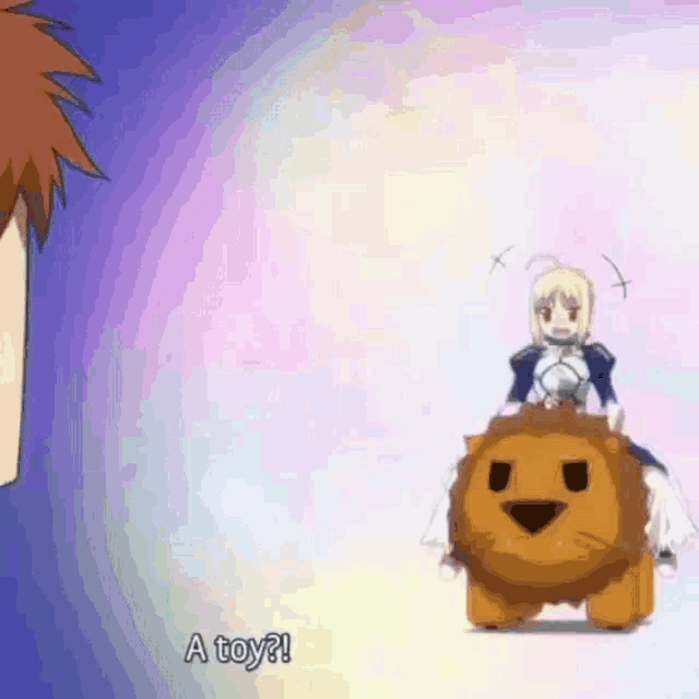 a girl is riding on the back of a stuffed lion with the words a toy behind her