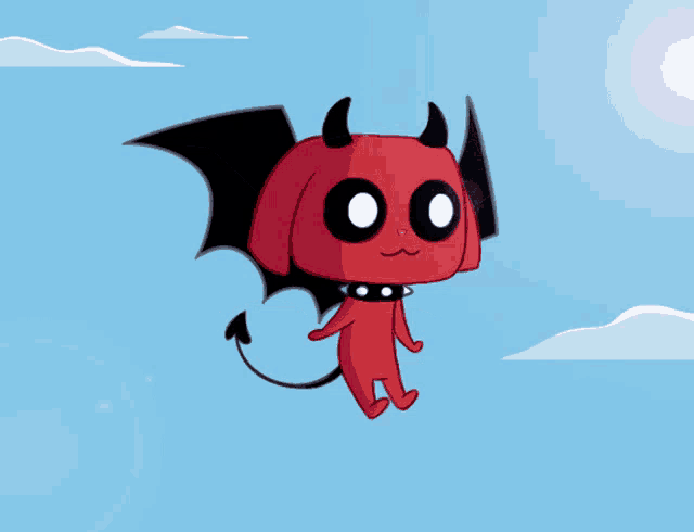 a red dog with horns and bat wings is flying through the air