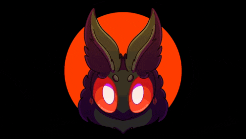 a cartoon drawing of a moth with red eyes on an orange background