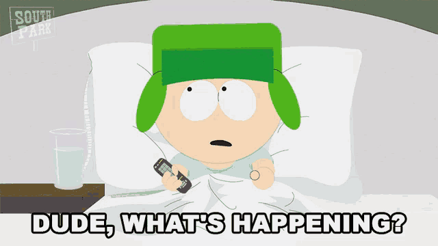 a cartoon character from south park laying in bed holding a remote control