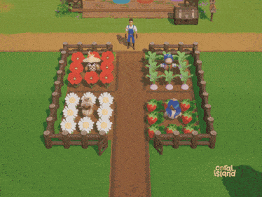 a video game called coral island is being played on a grassy field