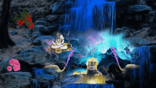 a painting of a waterfall with flowers and a statue of a deity