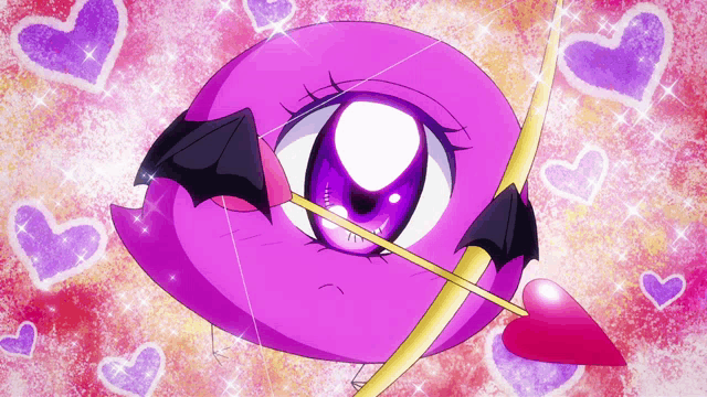 a purple cartoon character with a bow and arrow in it 's eye