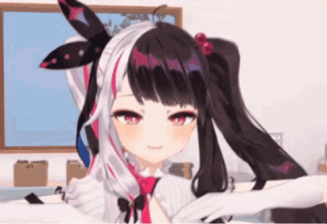 a 3d anime girl with black and white hair and red eyes is standing in front of a window in a room .