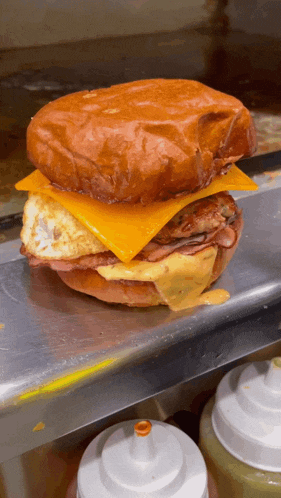 a sandwich on a bun with cheese and bacon on it