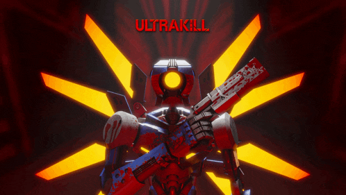 a robot holding a gun with the words ultrakill written on the bottom