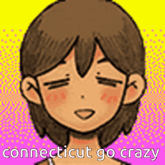 a cartoon of a girl with her eyes closed and the words connecticut go crazy above her .