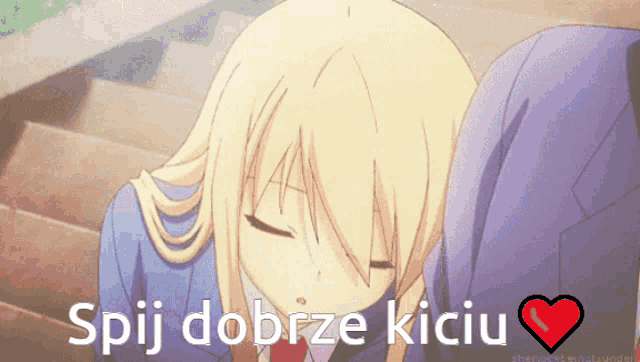 a girl sleeping on a man 's lap with the words spij dobrze kiciu