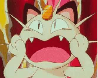 a close up of a cartoon cat with its mouth open and sharp teeth .