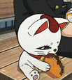 a cartoon cat is eating a taco on a bench .