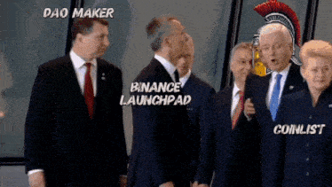 a group of men are standing next to each other with the words dao maker binance launchpad and coinlist written on the bottom