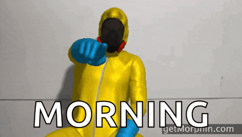 a man in a yellow suit and blue gloves points to the word morning