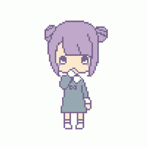 pixel art of a girl with purple hair and a heart above her head