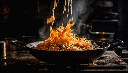 noodles are being cooked in a wok on a table