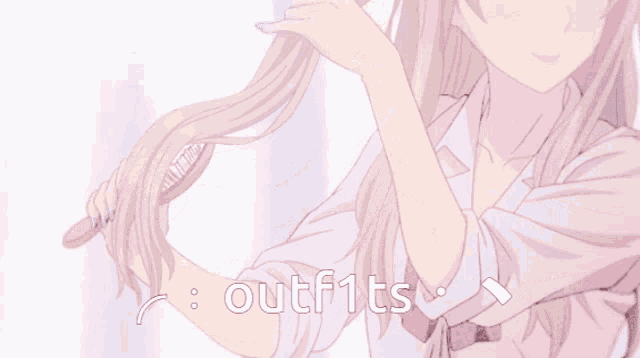 a girl is brushing her hair and the words outfits are visible behind her