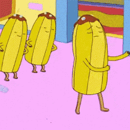 a cartoon of bananas standing next to each other on a pink surface