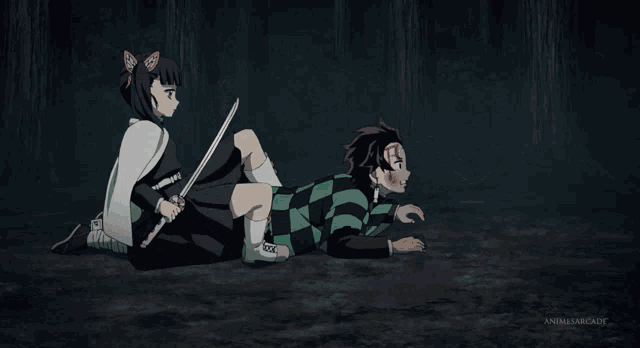 a girl with a sword is kicking a man who is laying on the ground and the girl is saying hurry