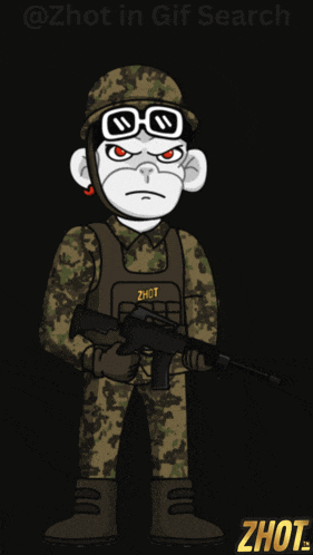 a cartoon of a man in a military uniform holding a gun with the word zhot on his chest
