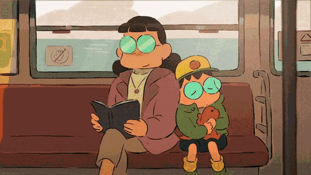 a cartoon of a woman reading a book to a child on a train