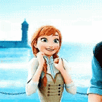 anna from frozen is smiling while standing next to a man on a beach .