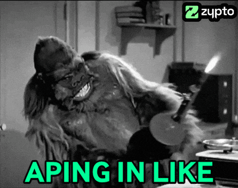 a picture of a gorilla with the words aping in like underneath it