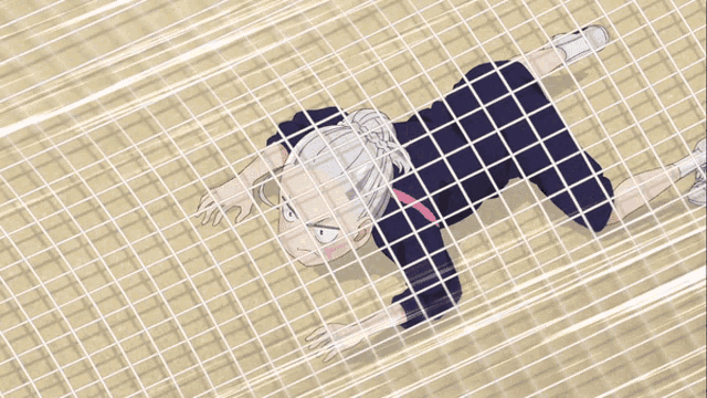 a cartoon character is crawling through a grid of squares