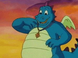 a cartoon dragon is wearing a necklace and smiling