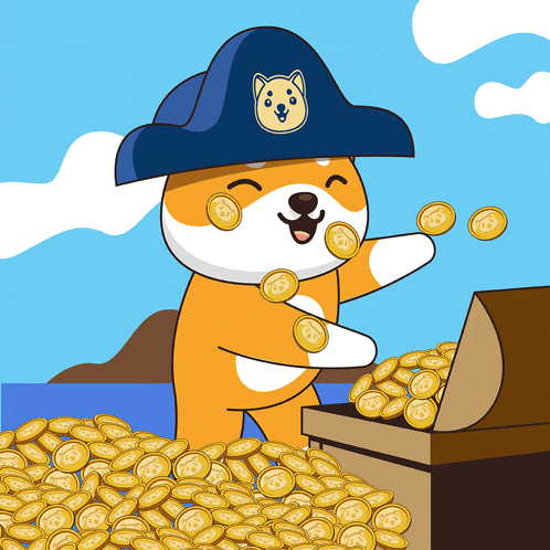 a dog wearing a pirate hat is throwing coins into a pile of gold coins