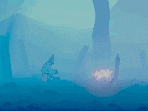 a cartoon drawing of a man sitting in front of a fire in the water