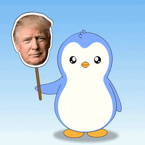 a penguin is holding a cardboard cutout of donald trump