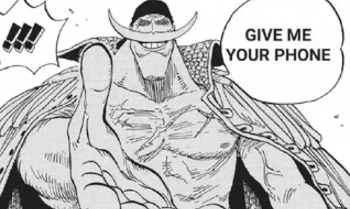 a black and white drawing of a man with a beard and a speech bubble that says " give me your phone "