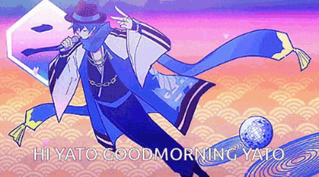 a cartoon of a man holding a microphone with the words hi yato good morning yato