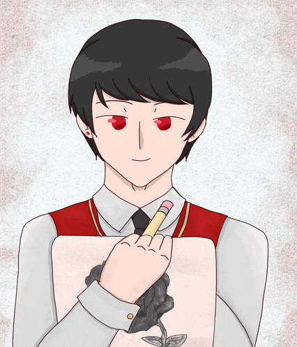 a drawing of a boy with red eyes and a pencil in his hand