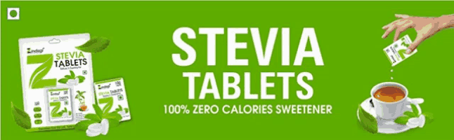 stevia tablets 100 % zero calories sweetener are advertised on a green background