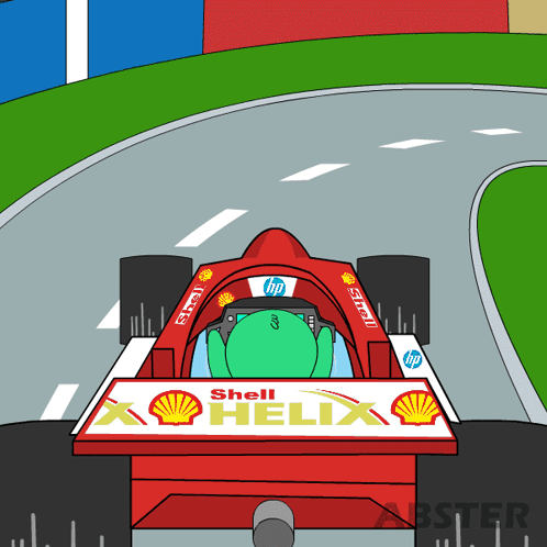 a cartoon drawing of a race car with shell helix written on it