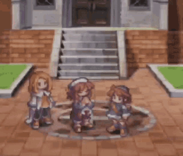 a group of people are standing in a circle in front of a building .