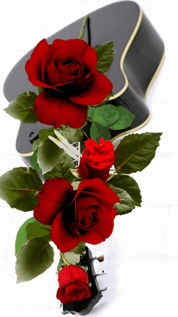 a bunch of red roses sitting on top of a guitar