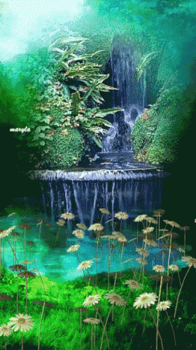 a painting of a waterfall with flowers in the foreground and a watermark that says mastyle