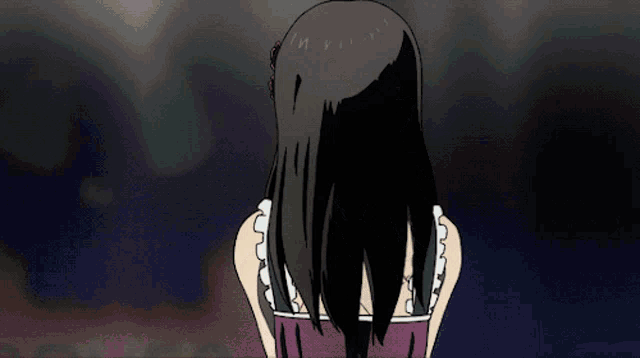 a girl with long black hair is wearing a purple dress and gloves