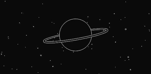 a black and white drawing of a planet with a ring around it in the space .
