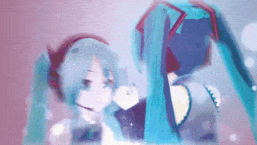 a girl with long blue hair and headphones is standing next to another girl