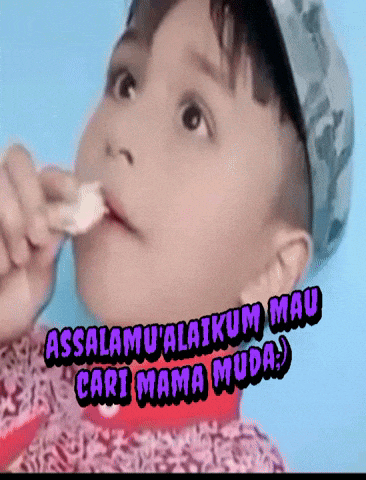 a young boy eating something with the words assalamu alaikum mau cari mama muda written below him