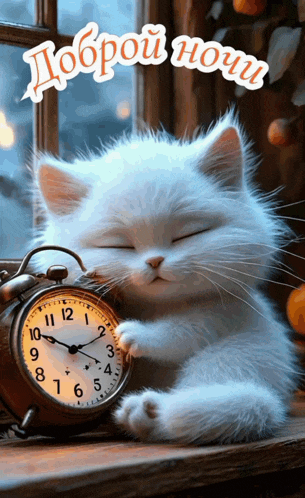 a white cat is sleeping next to an alarm clock that says ' доброй ночи ' on it